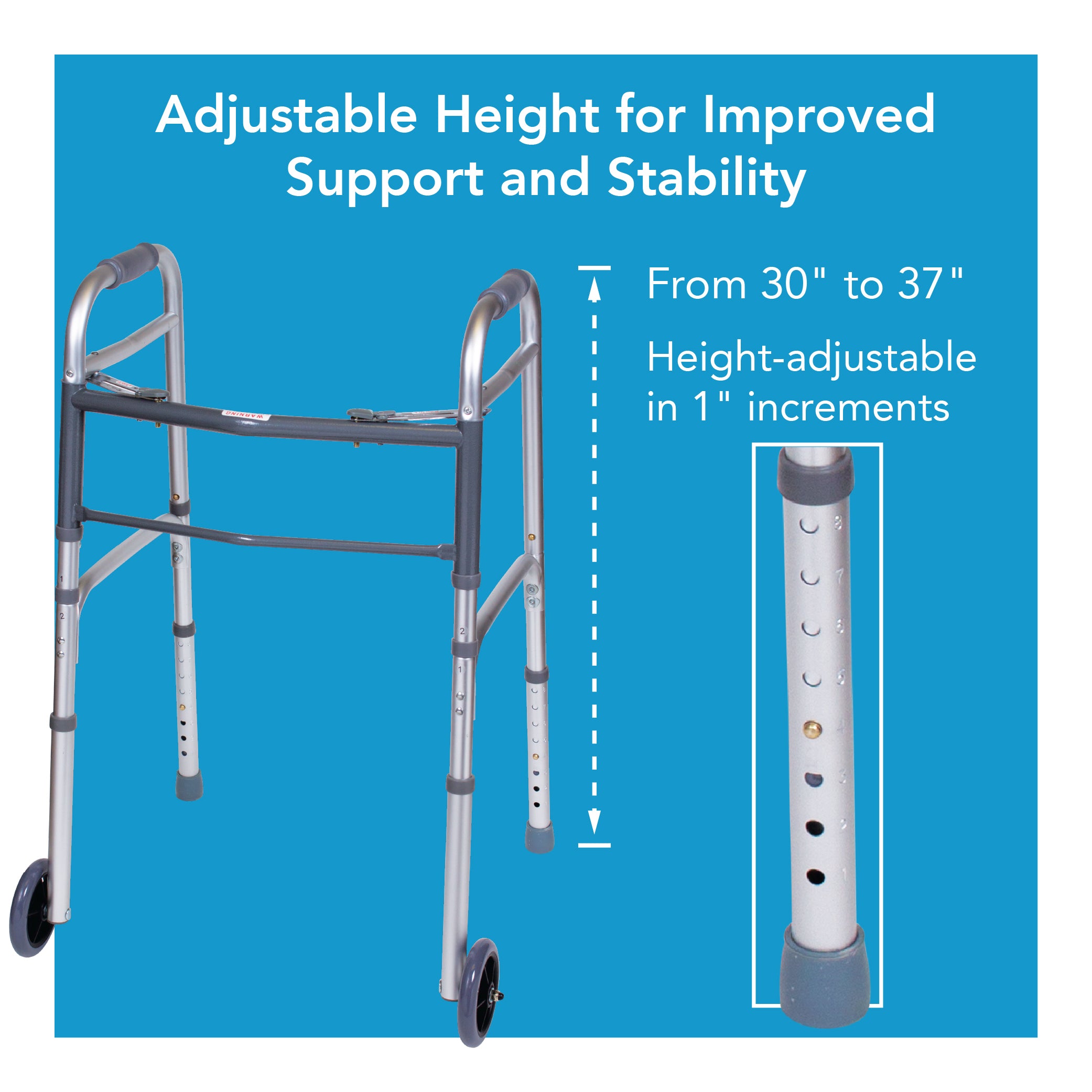 Adjustable height walker with measurement details on a blue background