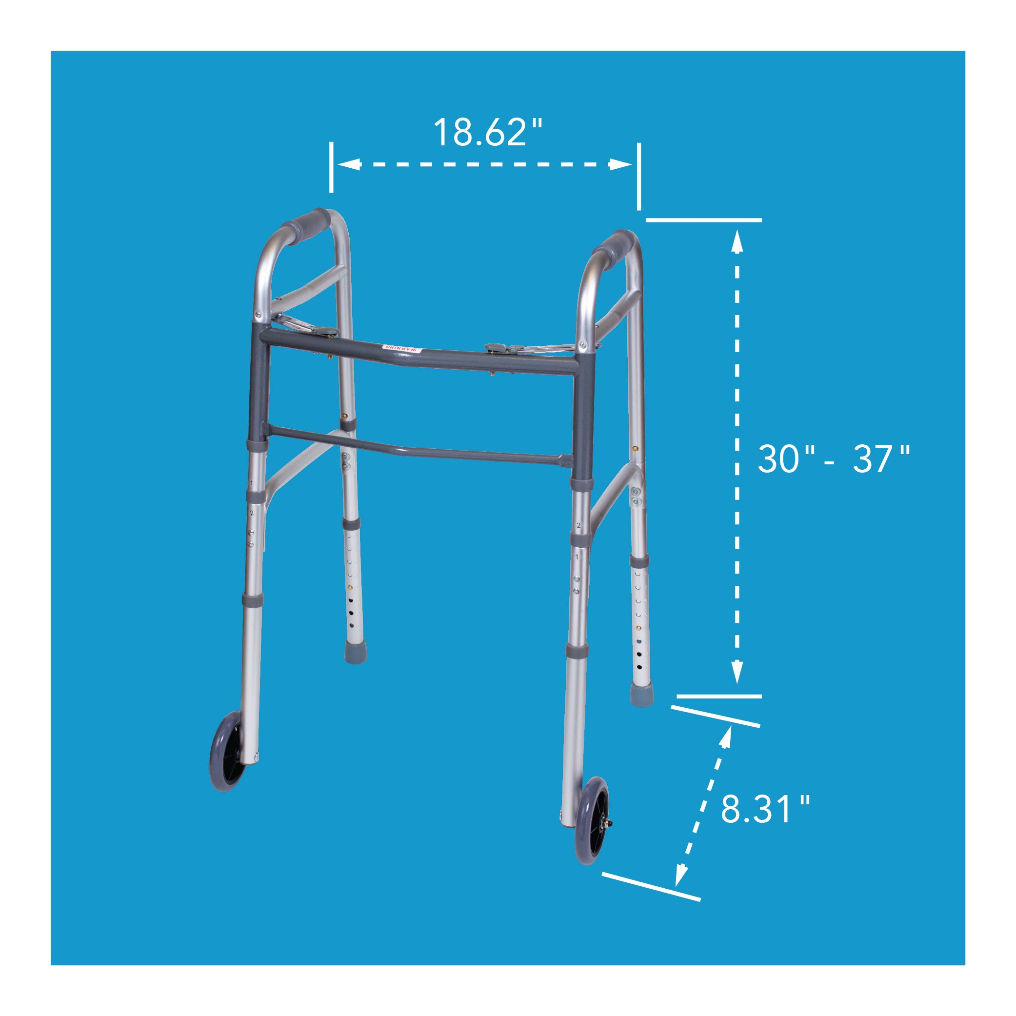Measurement chart of a walker with dimensions on a blue background