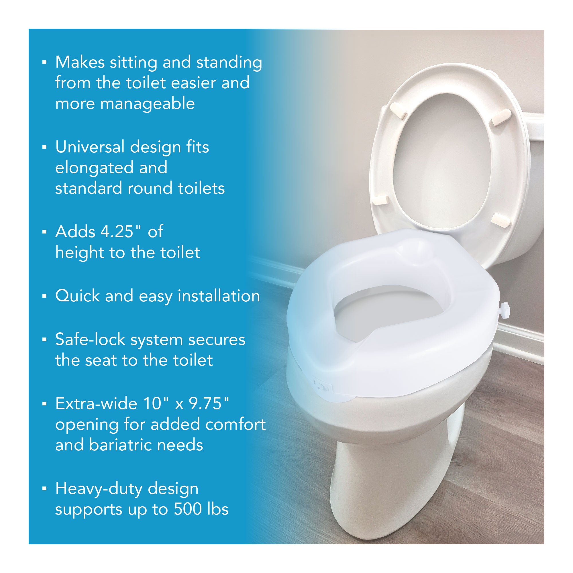A bariatric raised toilet seat on a toilet. Text showing its features.