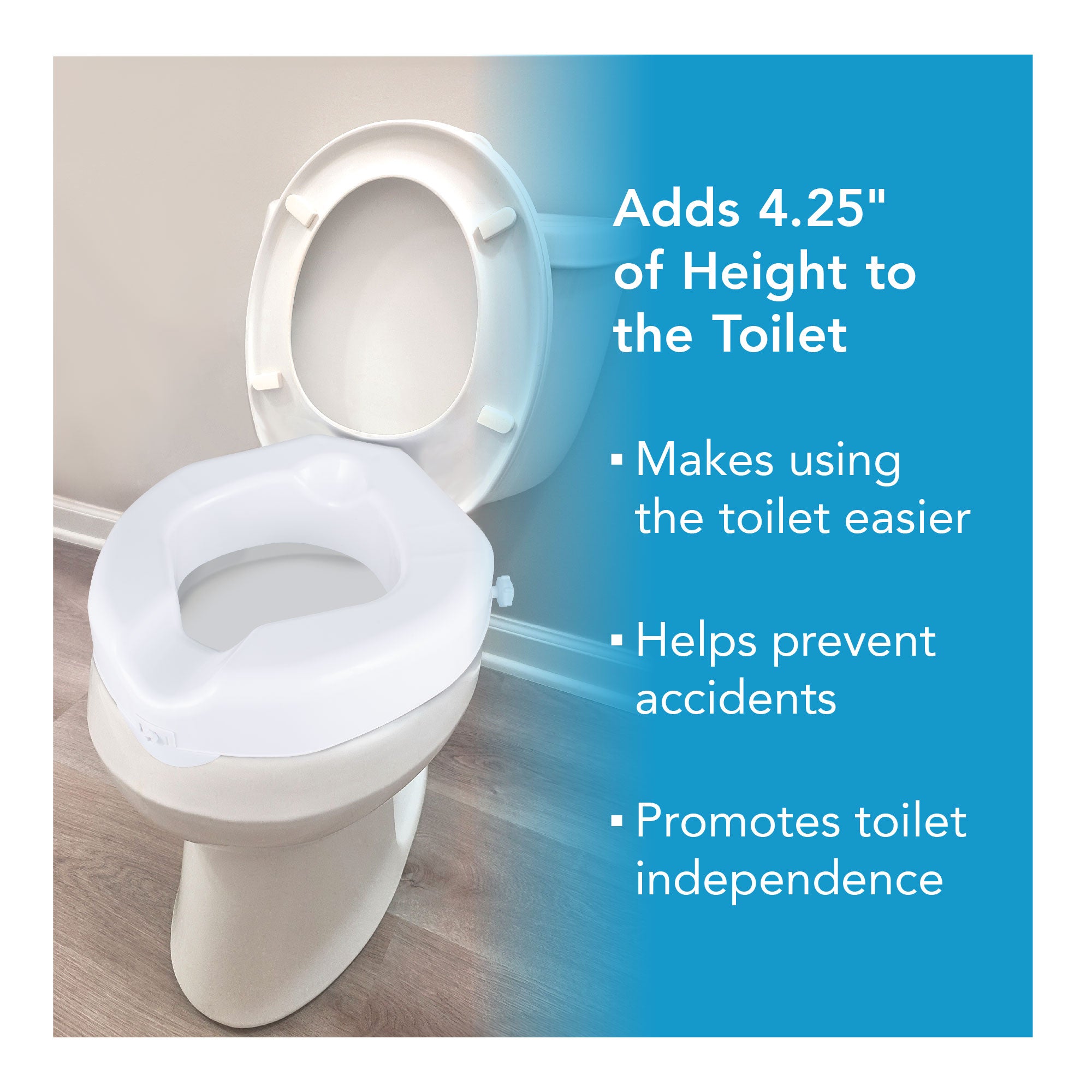 A bariatric raised toilet seat on a toilet. Text, 
