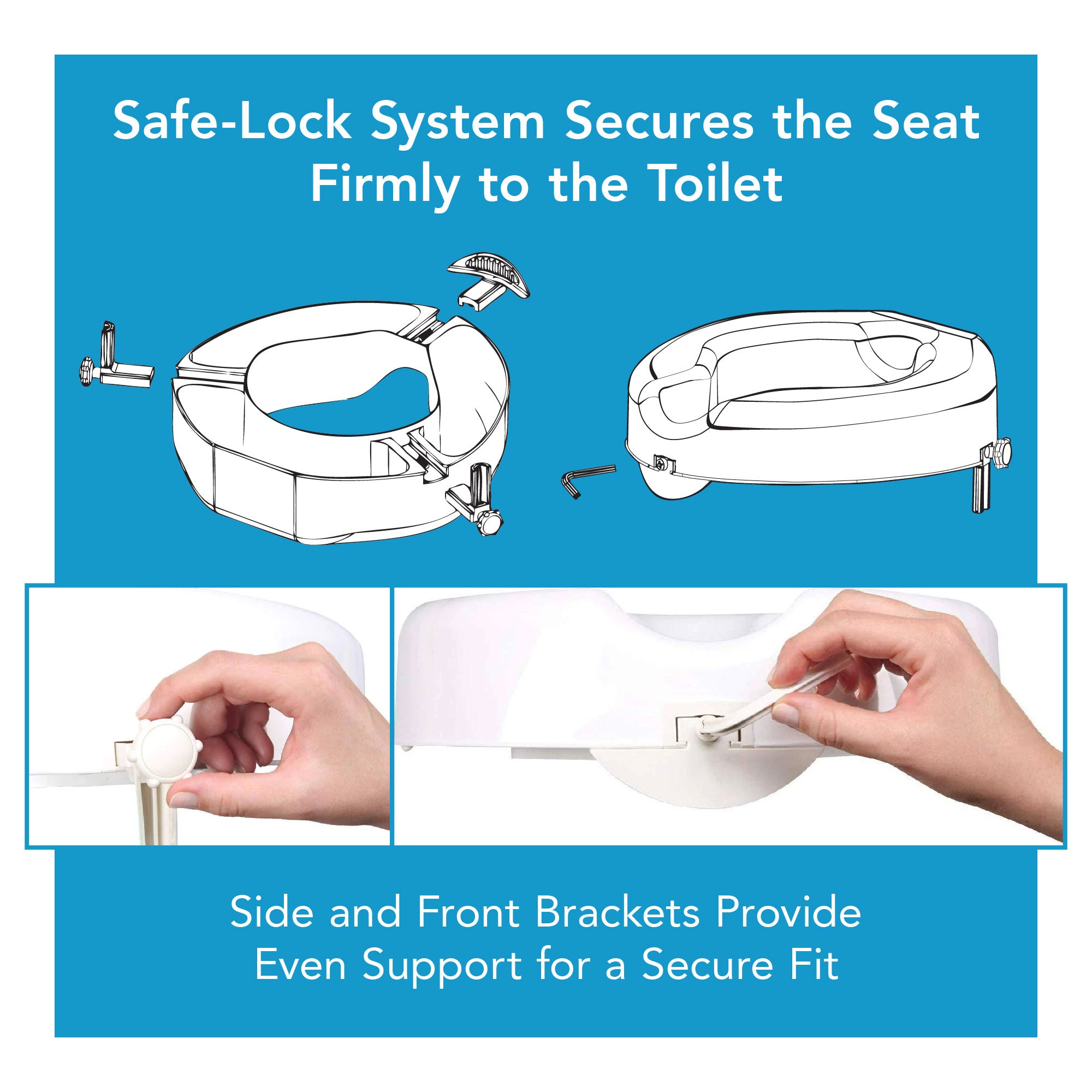An illustration of the raised toilet seat being installed. Text, 