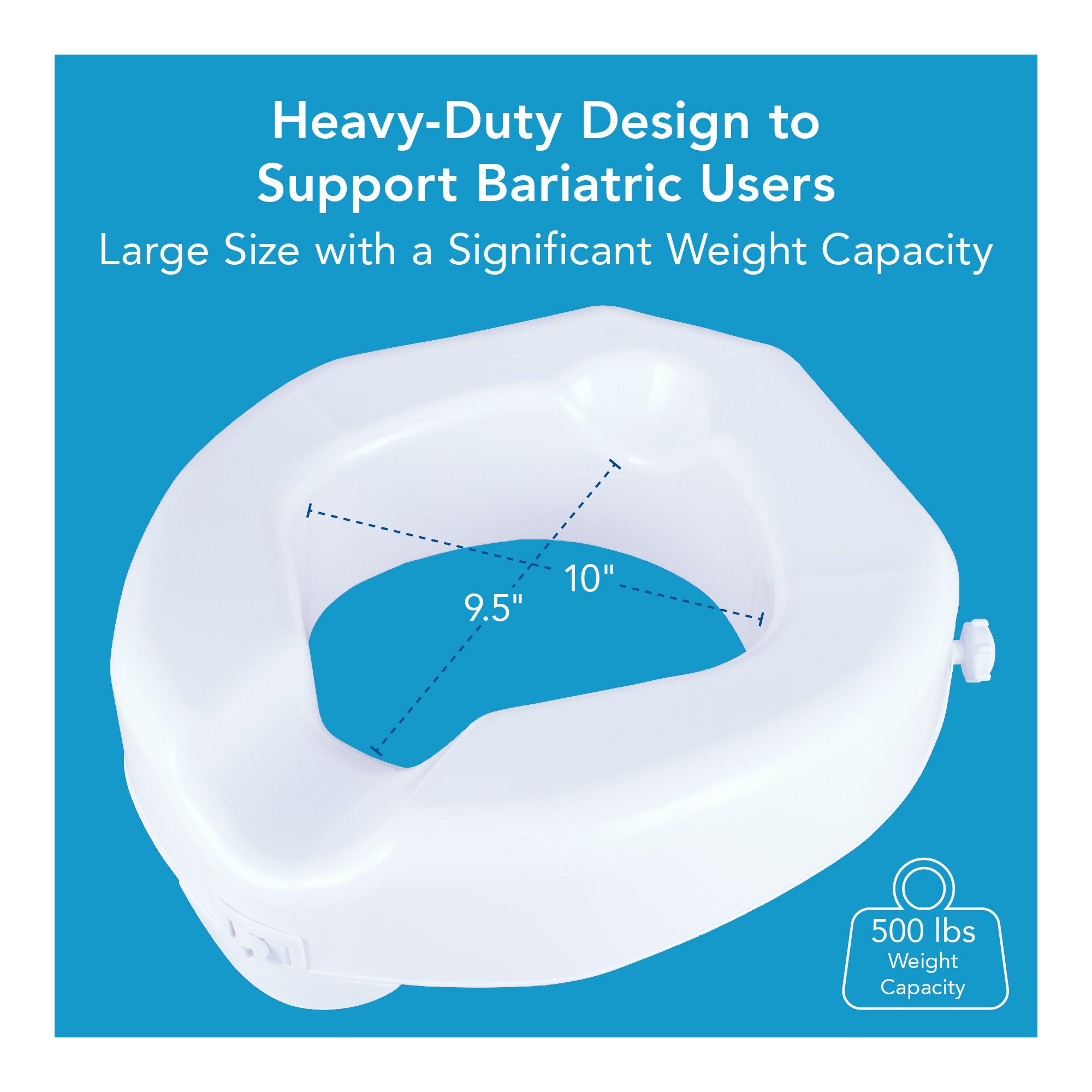 A bariatric raised toilet seat's inner dimensions. Text, 