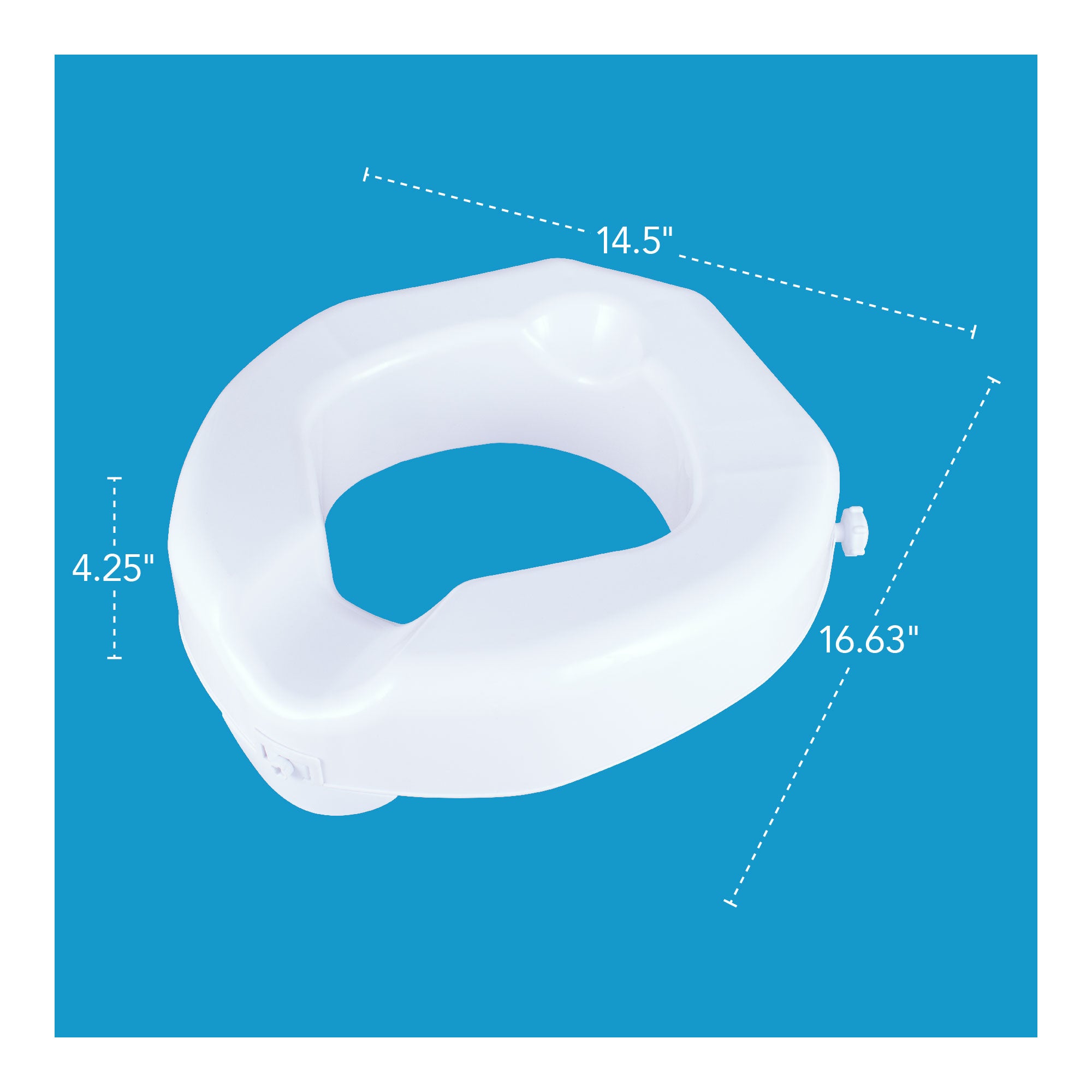 A bariatric raised toilet seat's dimensions outlined