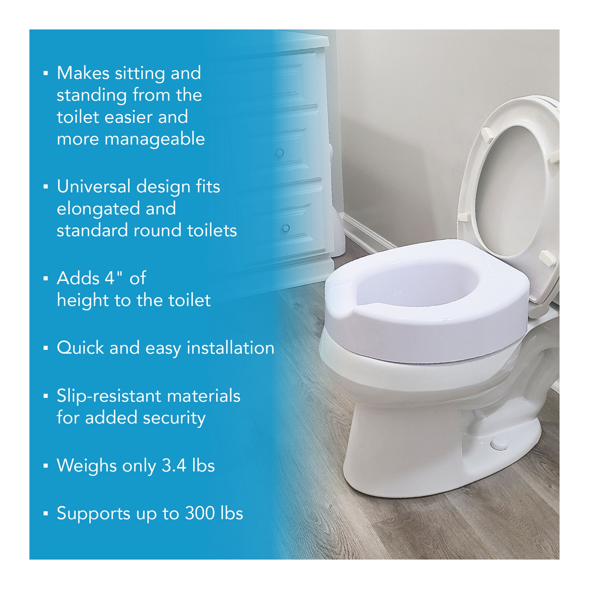 A white raised toilet seat on a toilet with descriptive text
