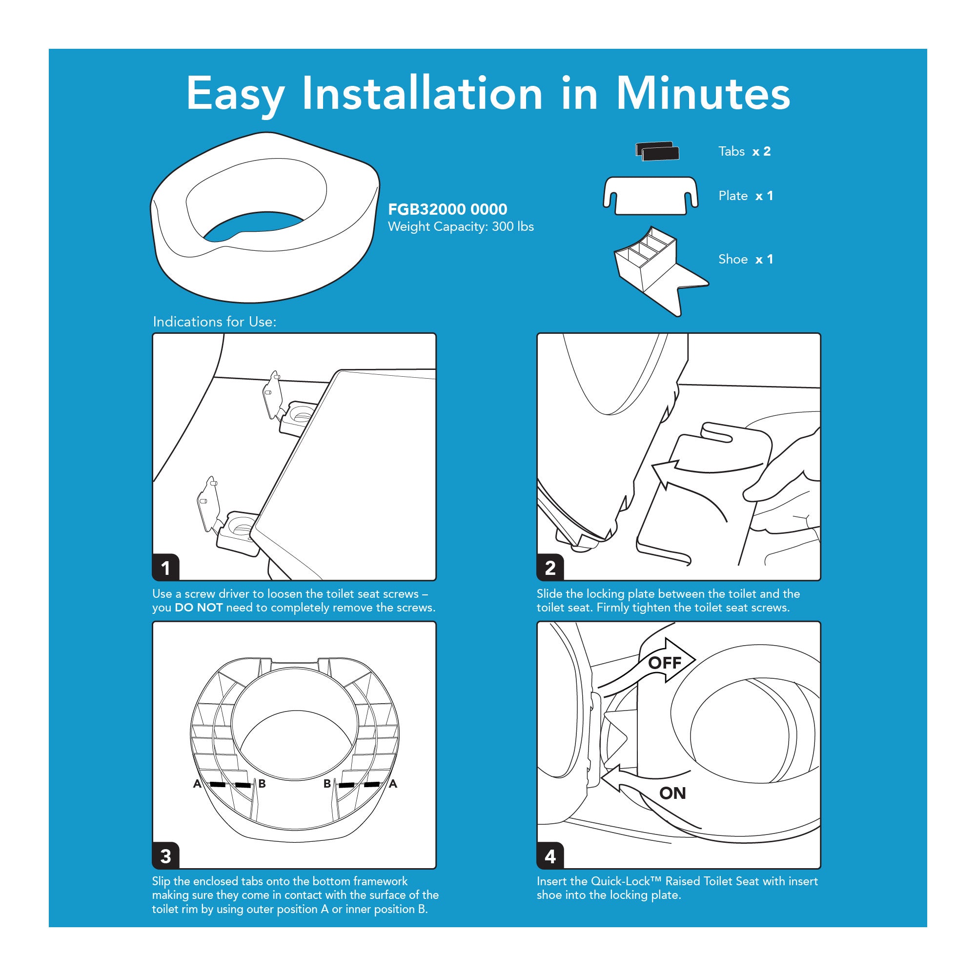 A graphic of how to install the raised toilet seat. Text, 