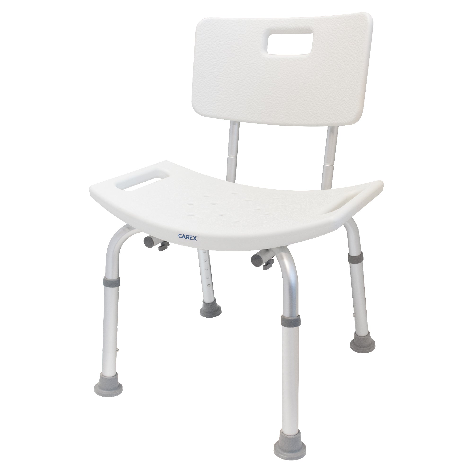 A white shower chair with curved seat