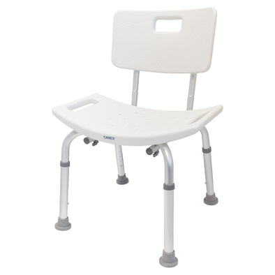 A white shower chair with curved seat