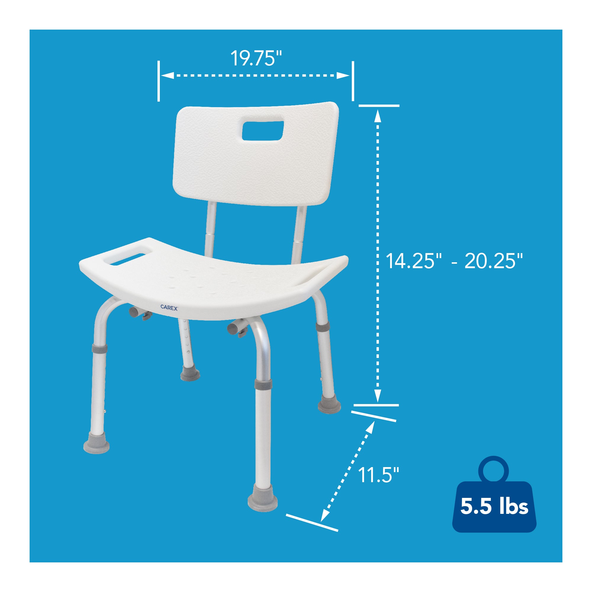 The dimensions of a white shower chair