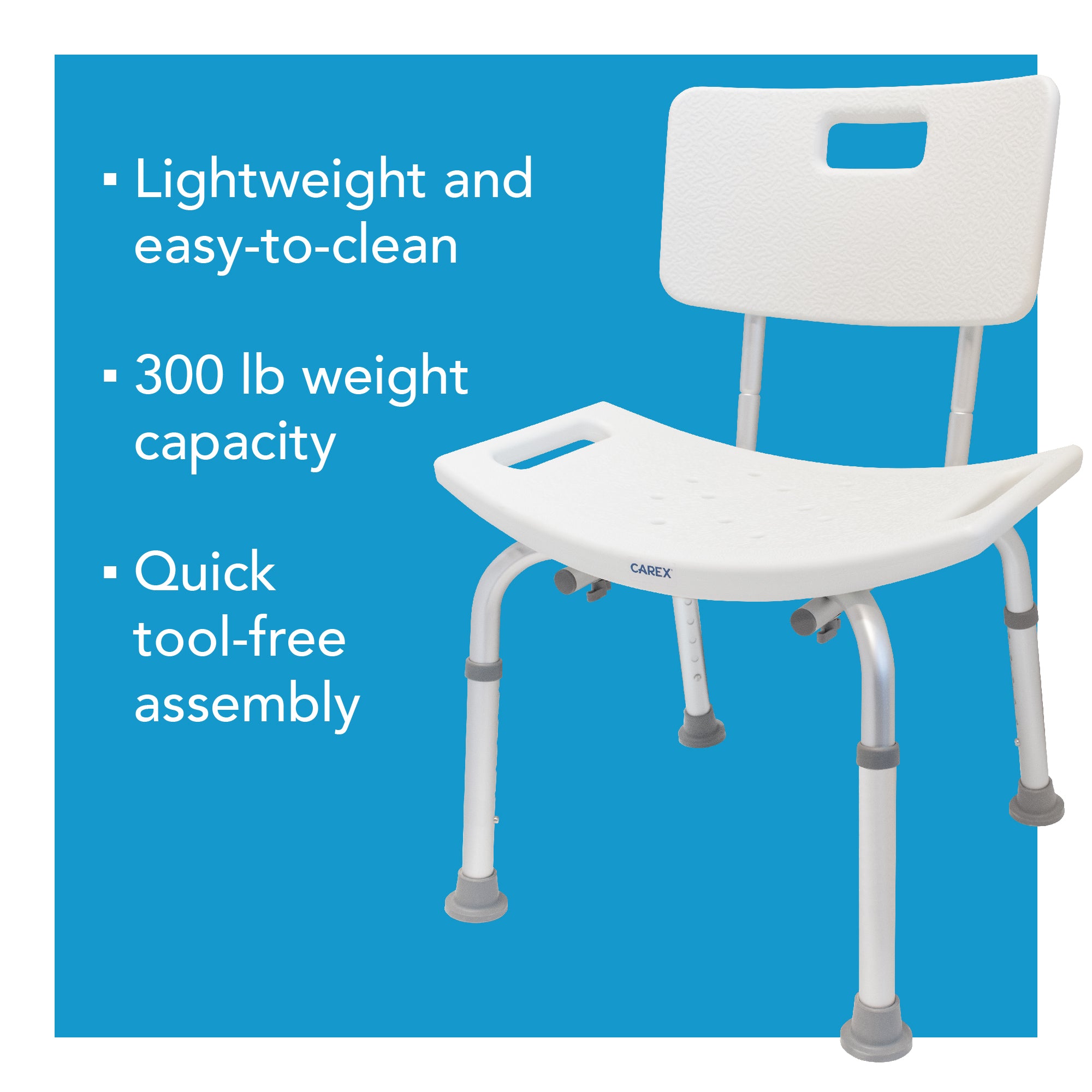 A white shower chair over a blue background with descriptive text