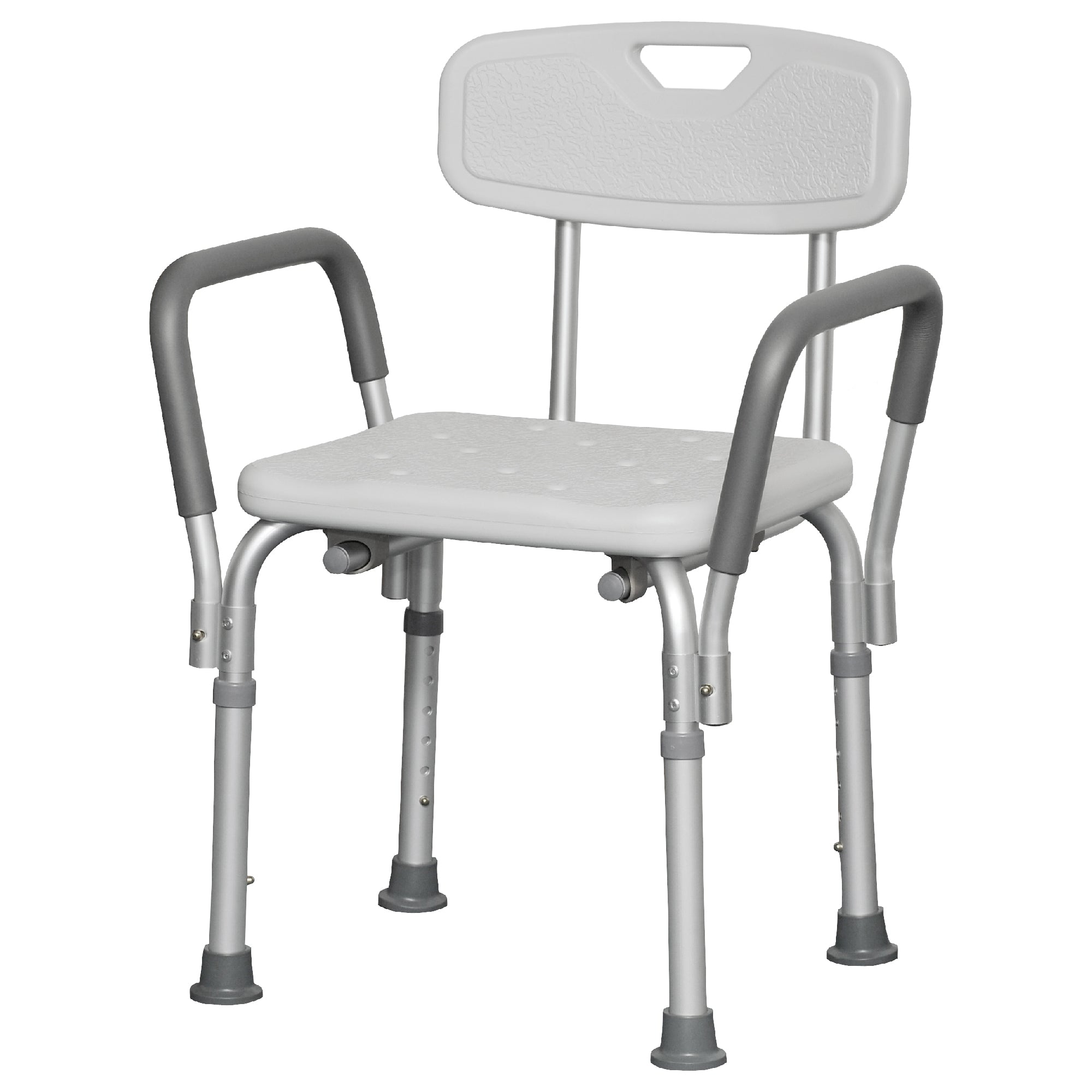 A white shower chair with padded armrests