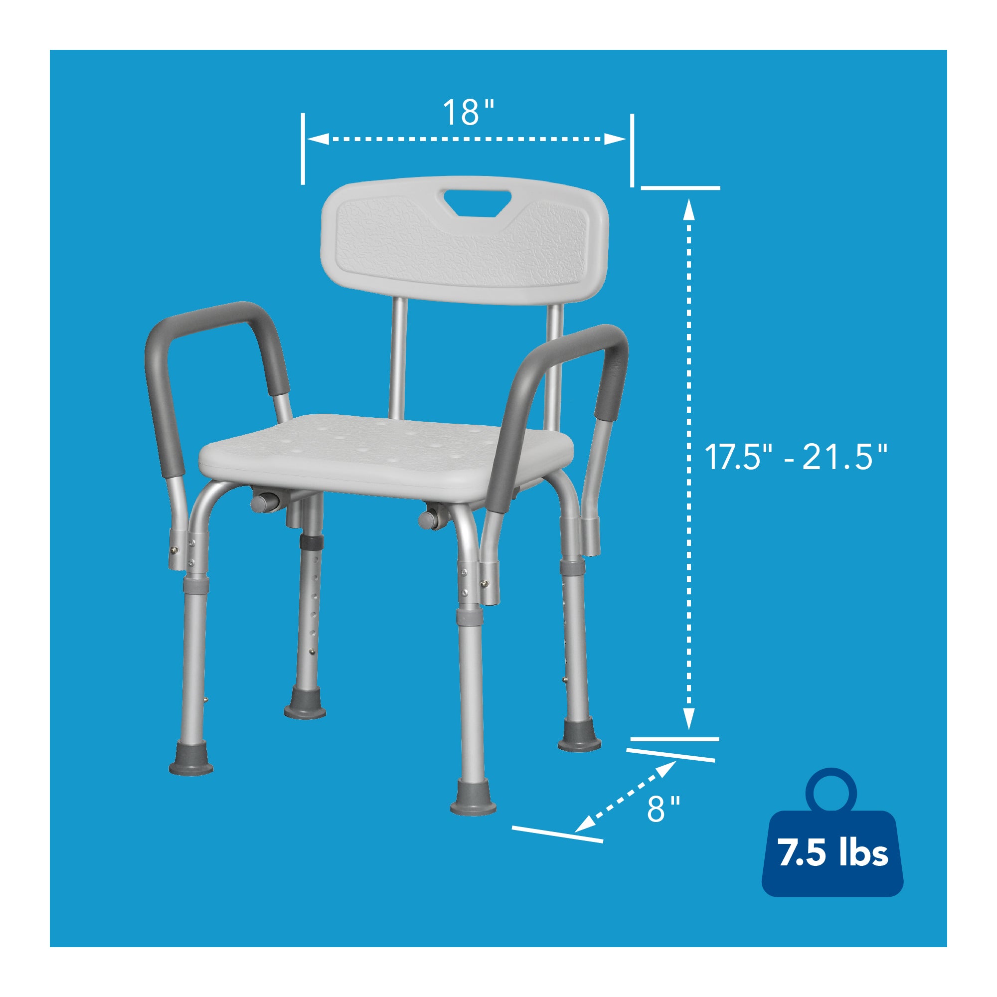 Dimensions of a white shower chair in a shower