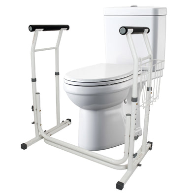 A white toilet safety frame in front of a toilet