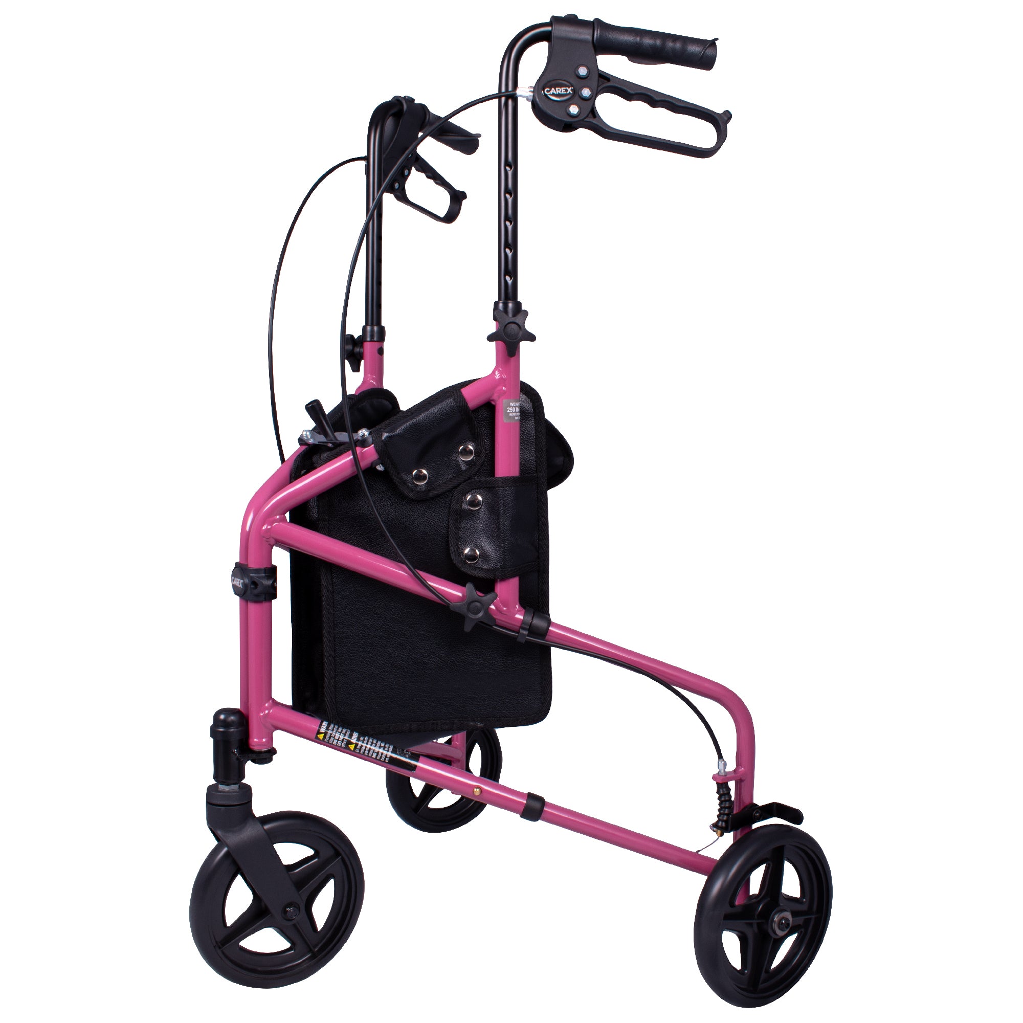 A pink rollator with three wheels