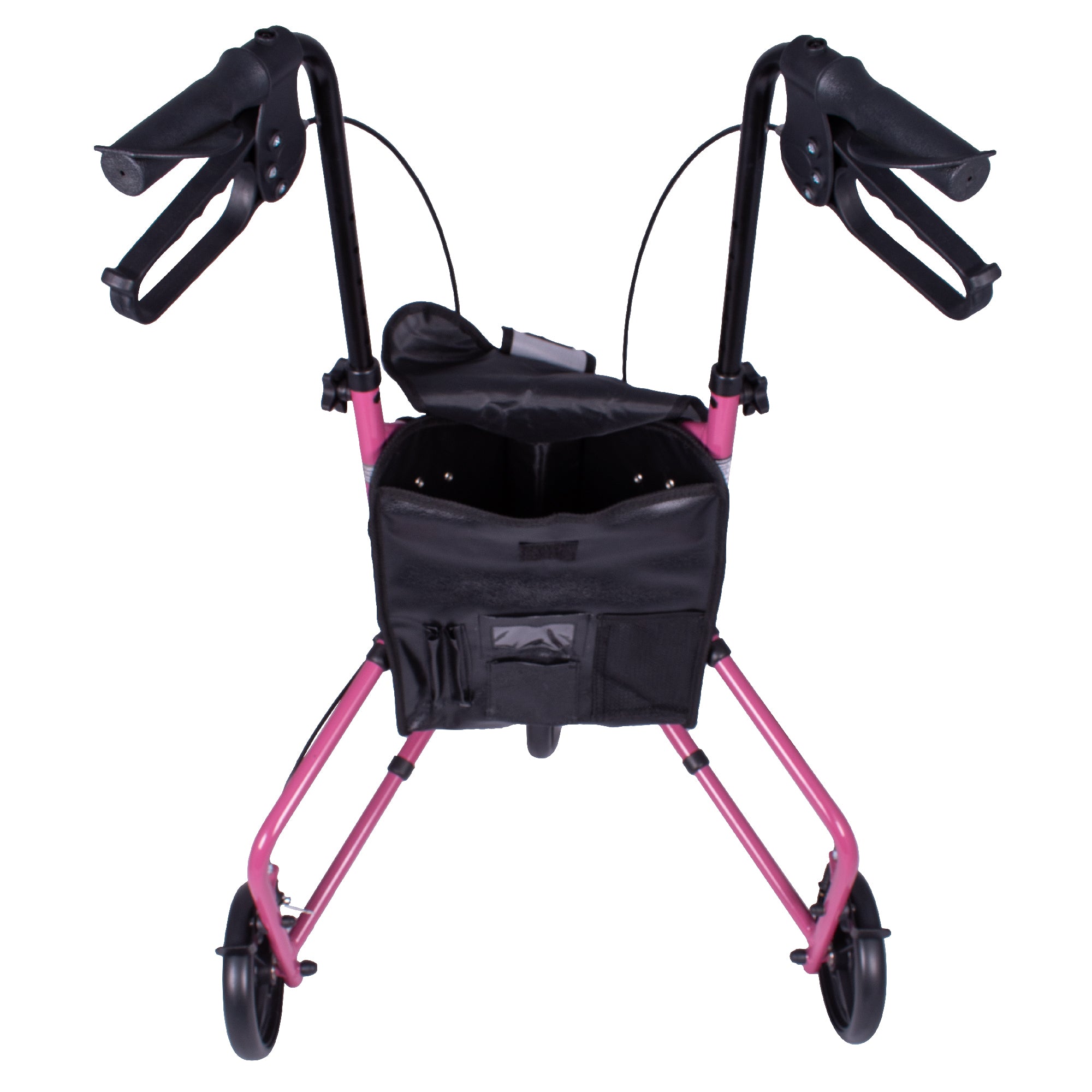 The rearview of a pink rollator with three wheels