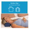 A woman with a roll pillow under her neck. Text, "Perfect size for home and travel"