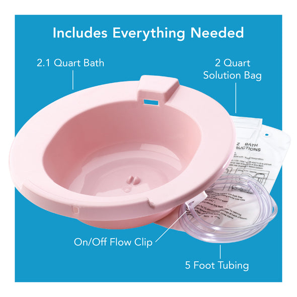 A pink sitz bath with its accessories. Text, "includes everything needed"
