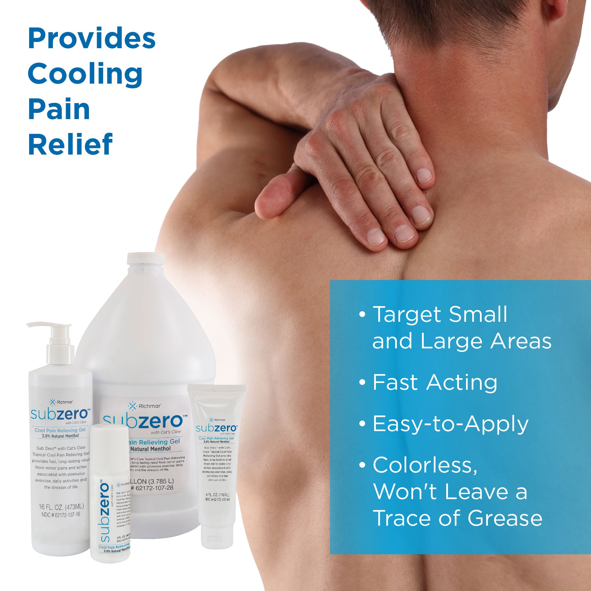 Sub Zero pain relief gel next to a man in pain. Text, 