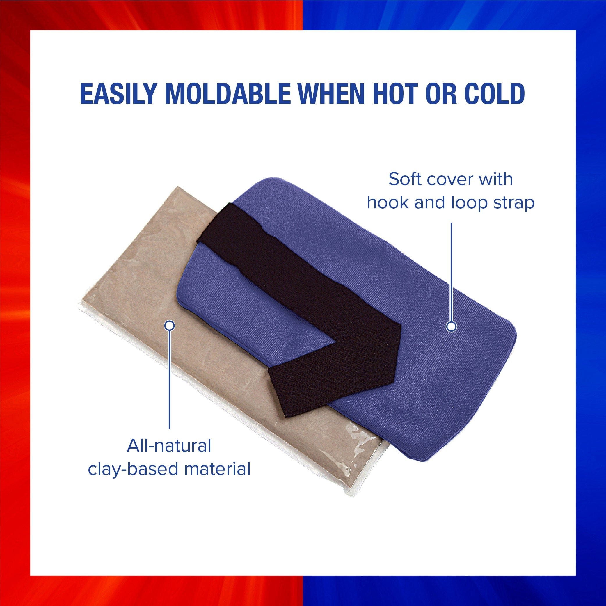 ThermiPaq Hot/Cold Pain Relief Wrap - Easily moldable when hot or cold - Soft cover with hood and loop strap - All natural clay-based material
