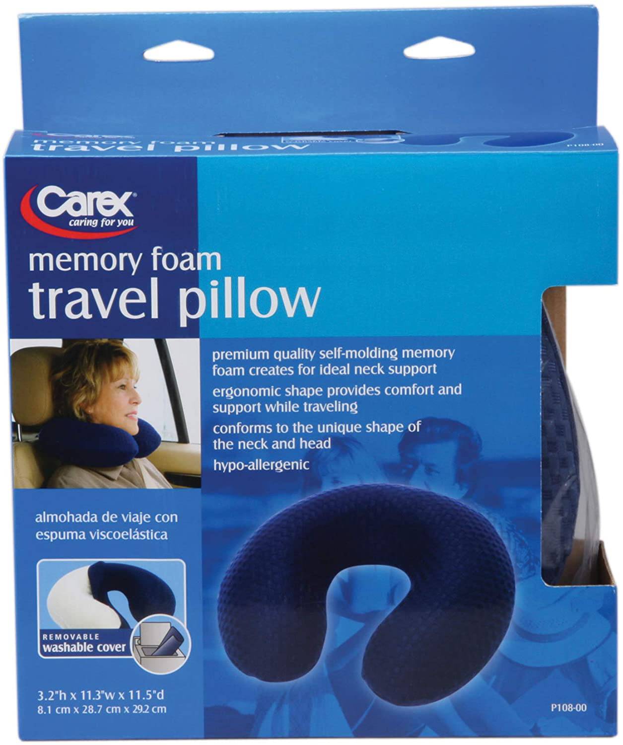 Carex Premium Quality Memory-Foam Travel Pillow for Neck Support, Relieves  Pain, 0.9 lbs, Blue